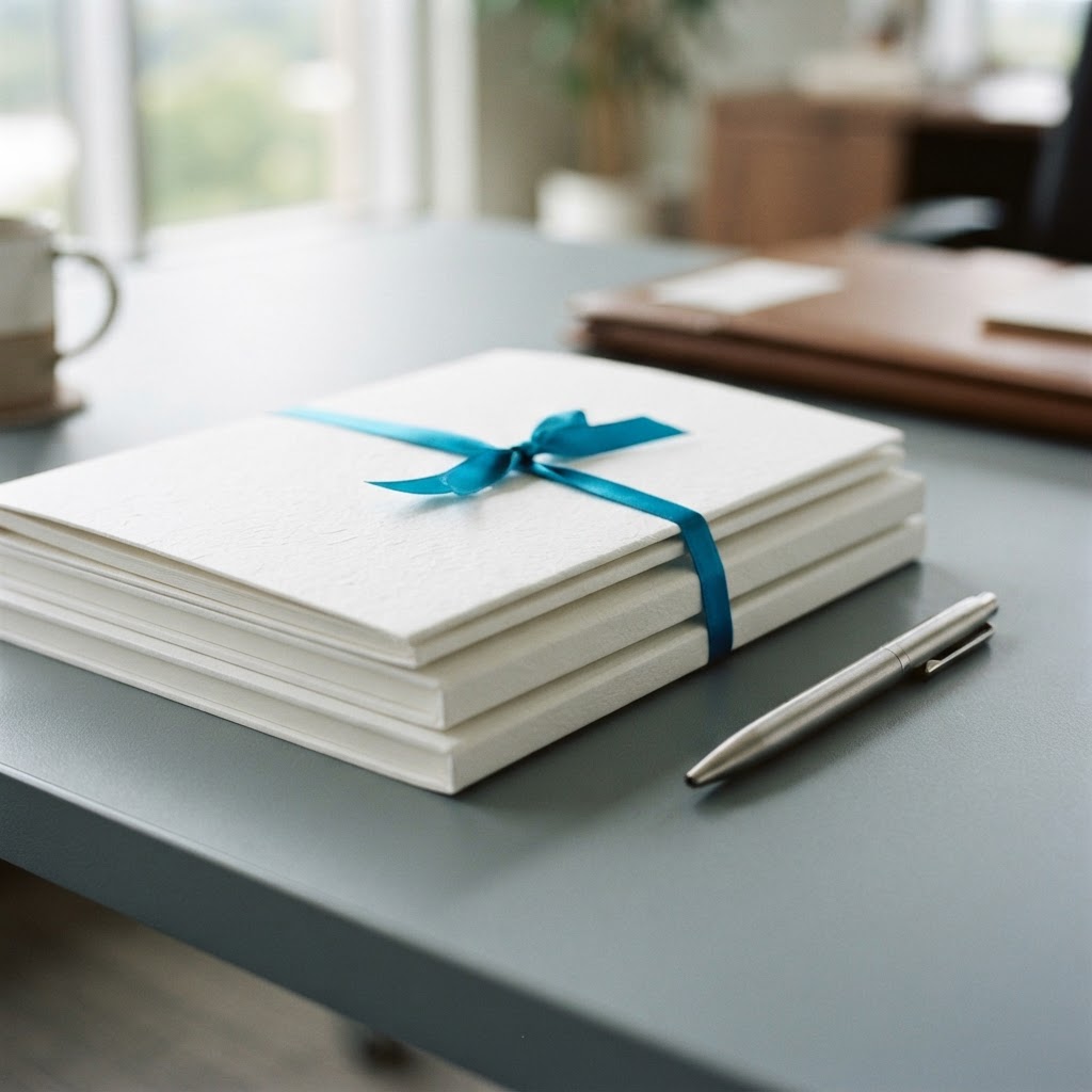 Professional welcome materials on a clean minimalist desk