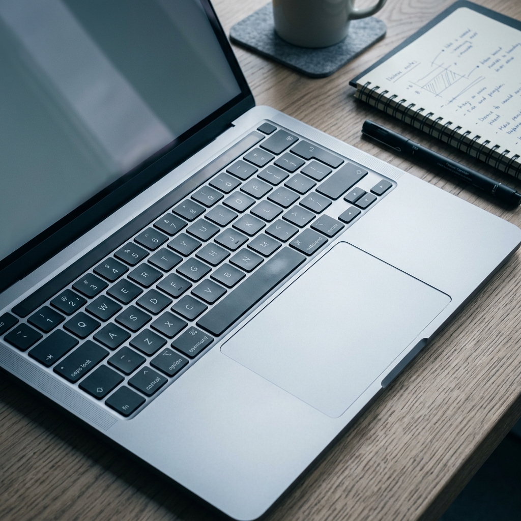 Laptop keyboard in focused workspace with handwritten notes
