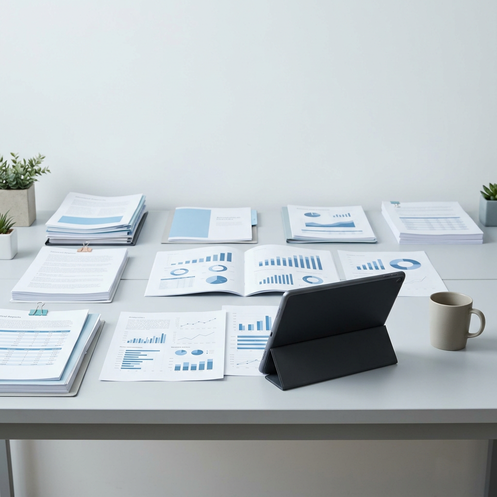 Organized desk with comparison documents and analytics tablet