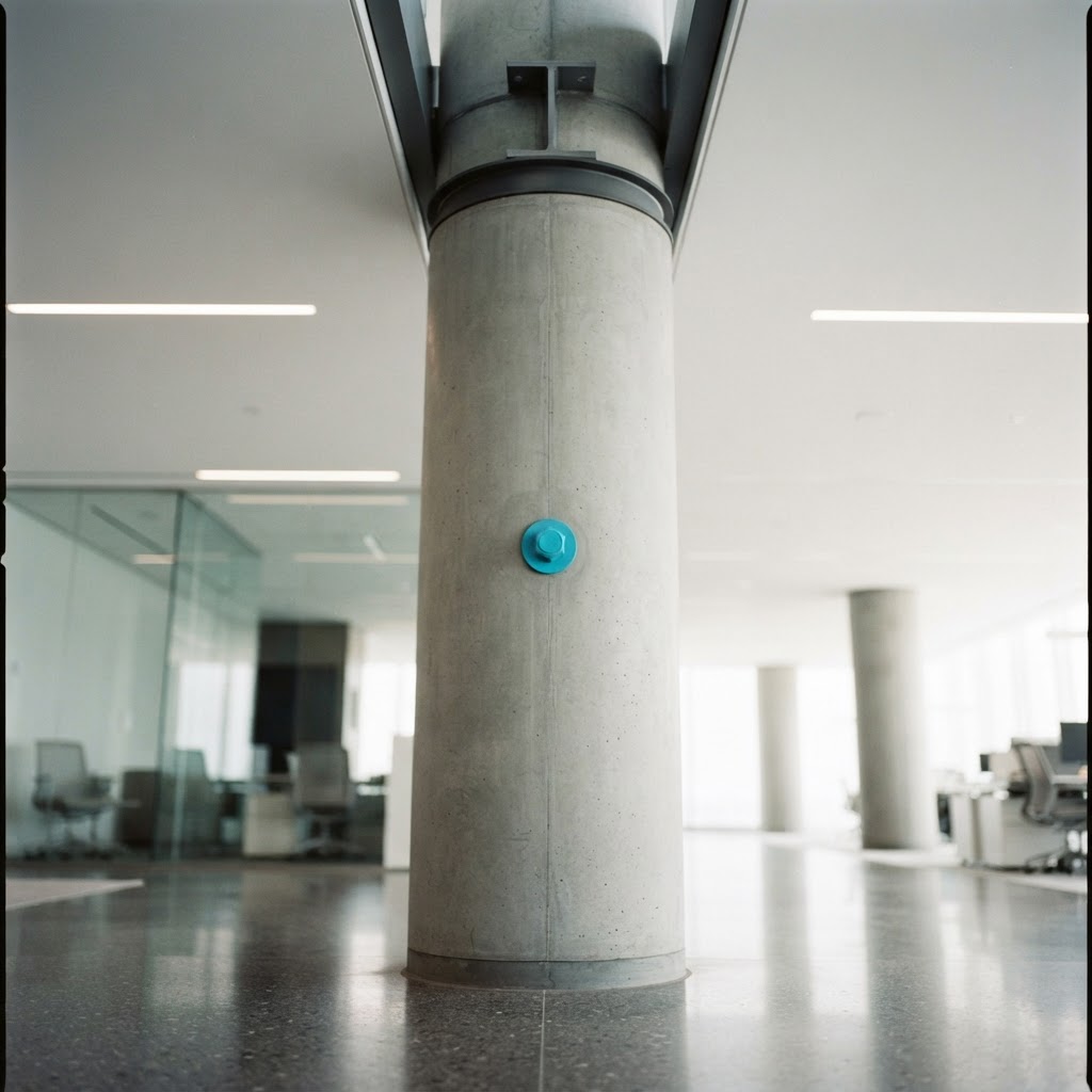 Modern office architecture with industrial pillar and accent detail
