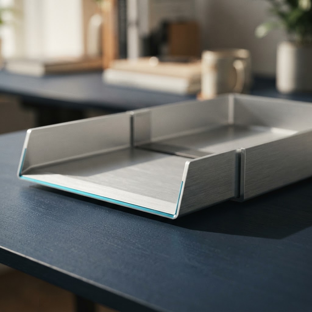 Professional brushed aluminum desktop paper trays on dark surface