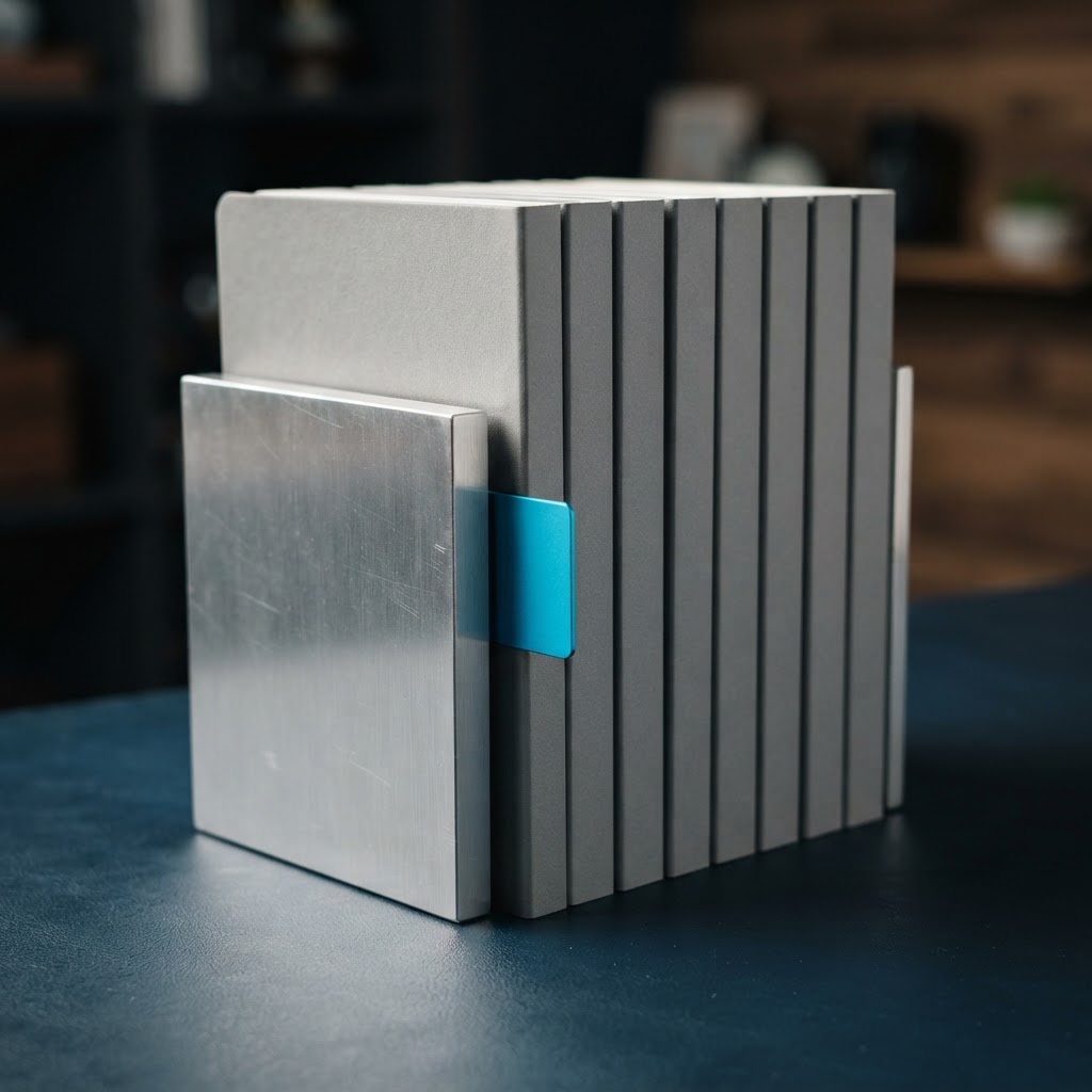 Professional journals neatly organized by brushed aluminum bookends