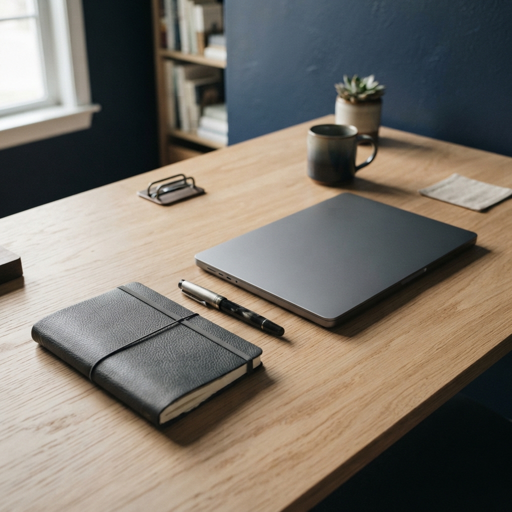 Professional desk setup with notebook and laptop
