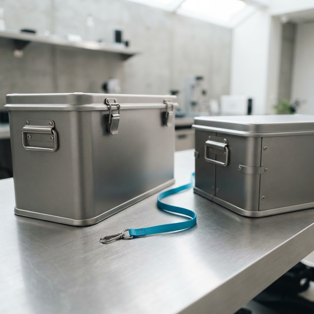 Two matte gray transport containers on aluminum surface