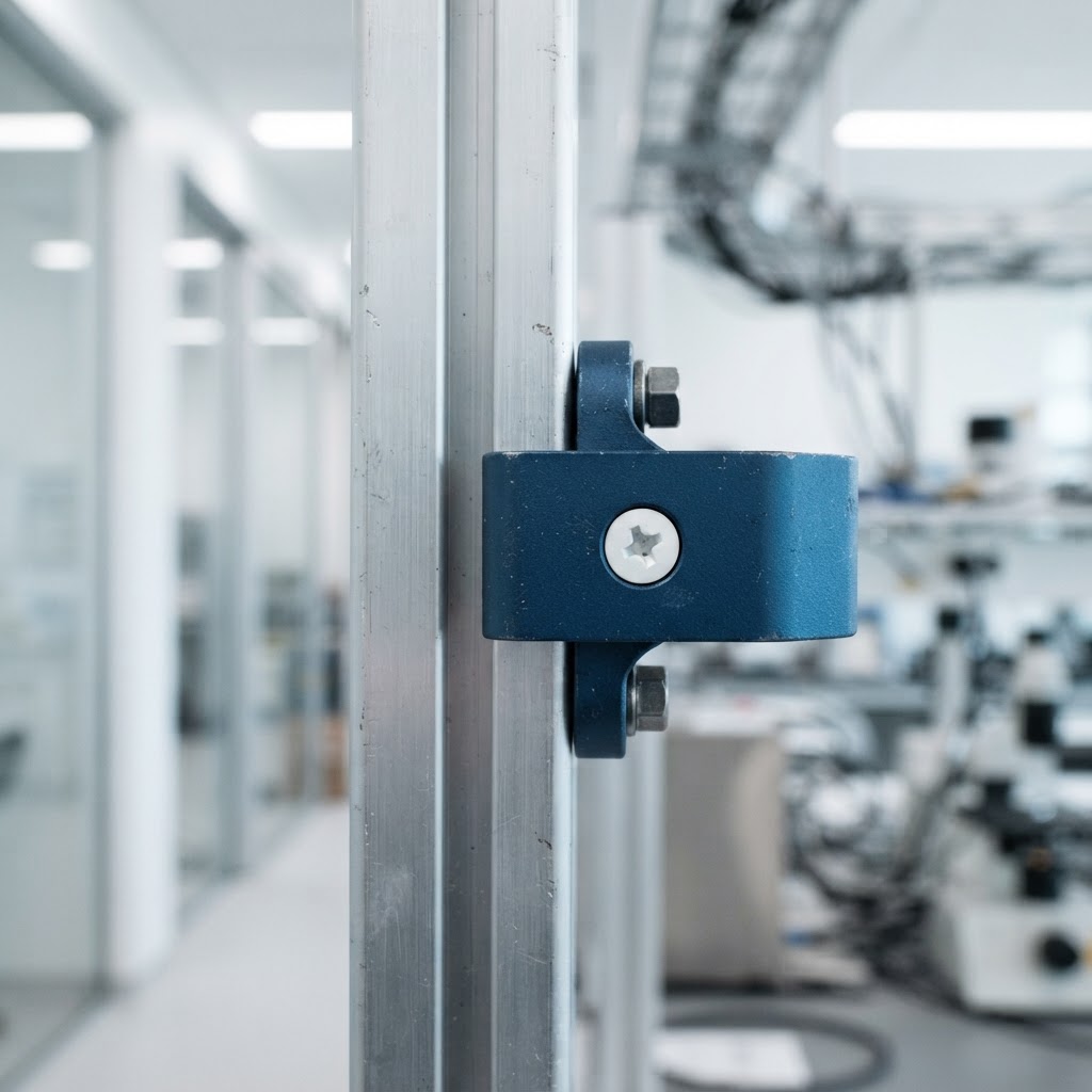 Close up of a metal utility clamp attached to an aluminum beam