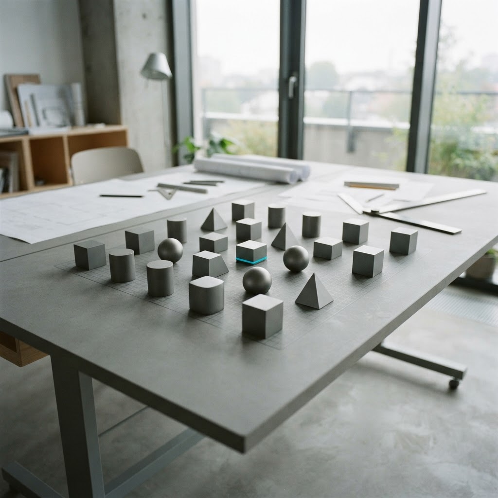 Geometric metal weights arranged in a grid on a drafting table
