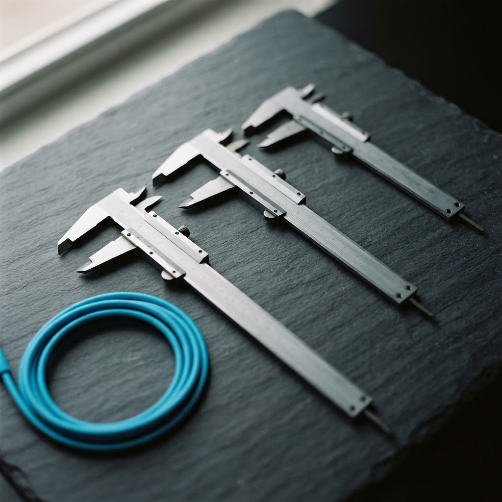 Three industrial metal calipers arranged on a dark stone desk
