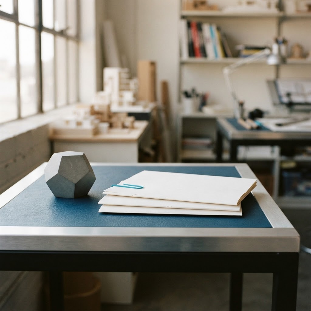 Minimalist desk with paper weight and folders