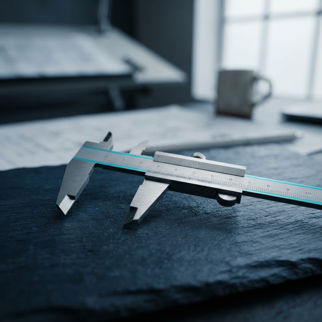 Precision caliper tool resting on a deep blue surface