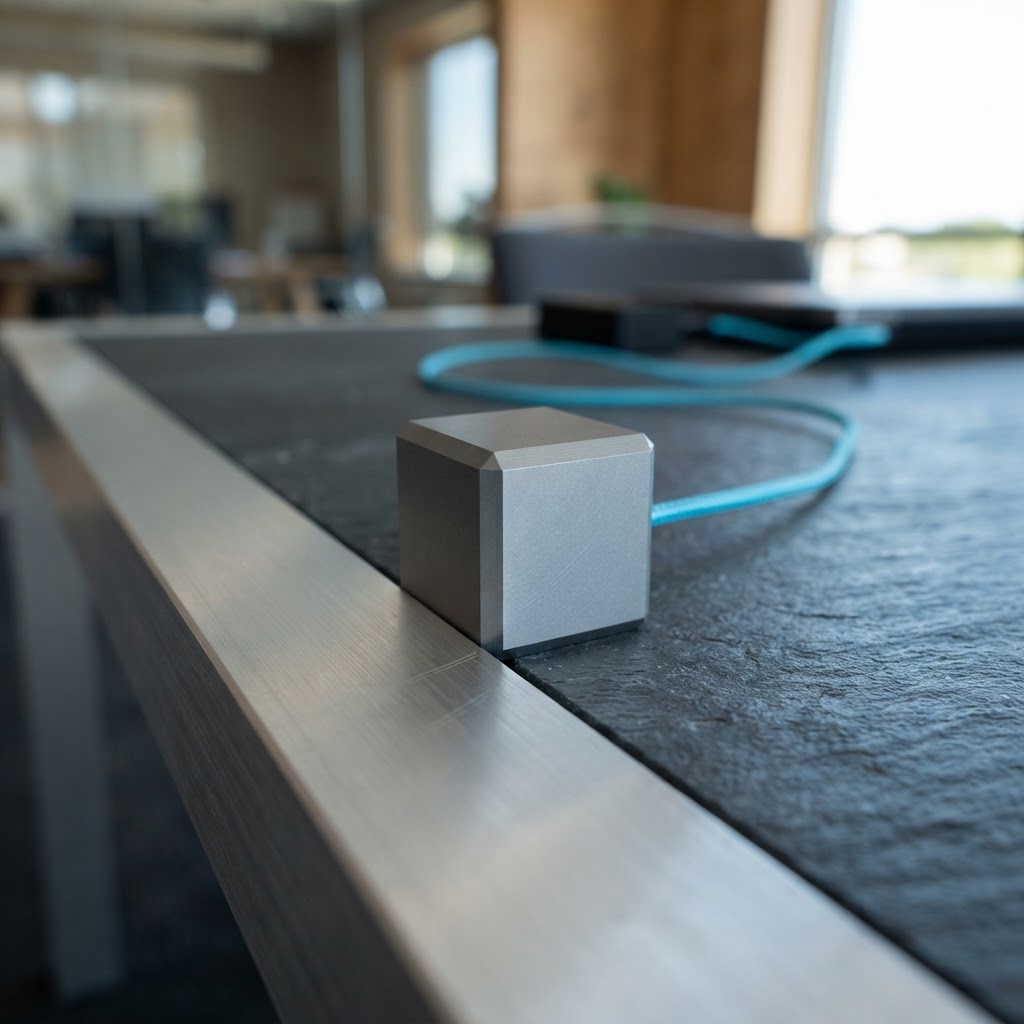Precision metal block on an aluminum desk