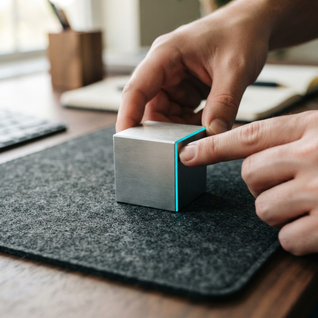 Hands placing a brushed metal cube on a desk