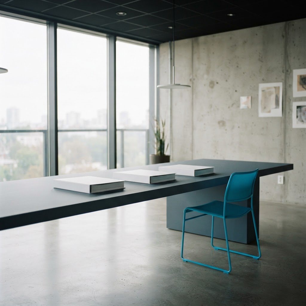 Minimalist office interior with organized project folders