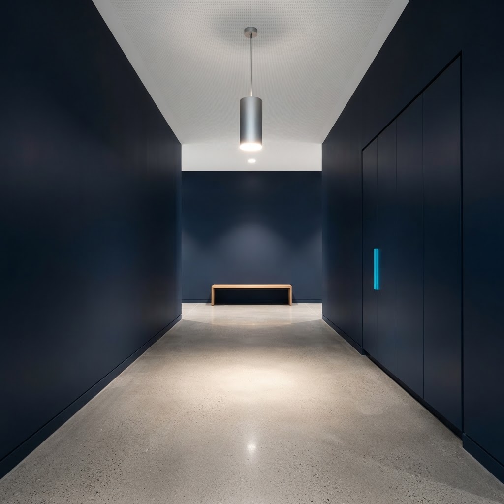 Modern office hallway with minimalist cabinetry and lighting