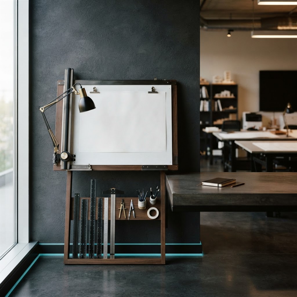 Professional drafting tools leaning against an office wall