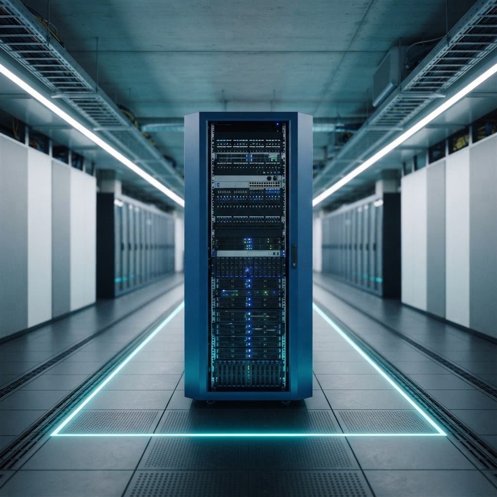 Modern server rack in a clean tech facility