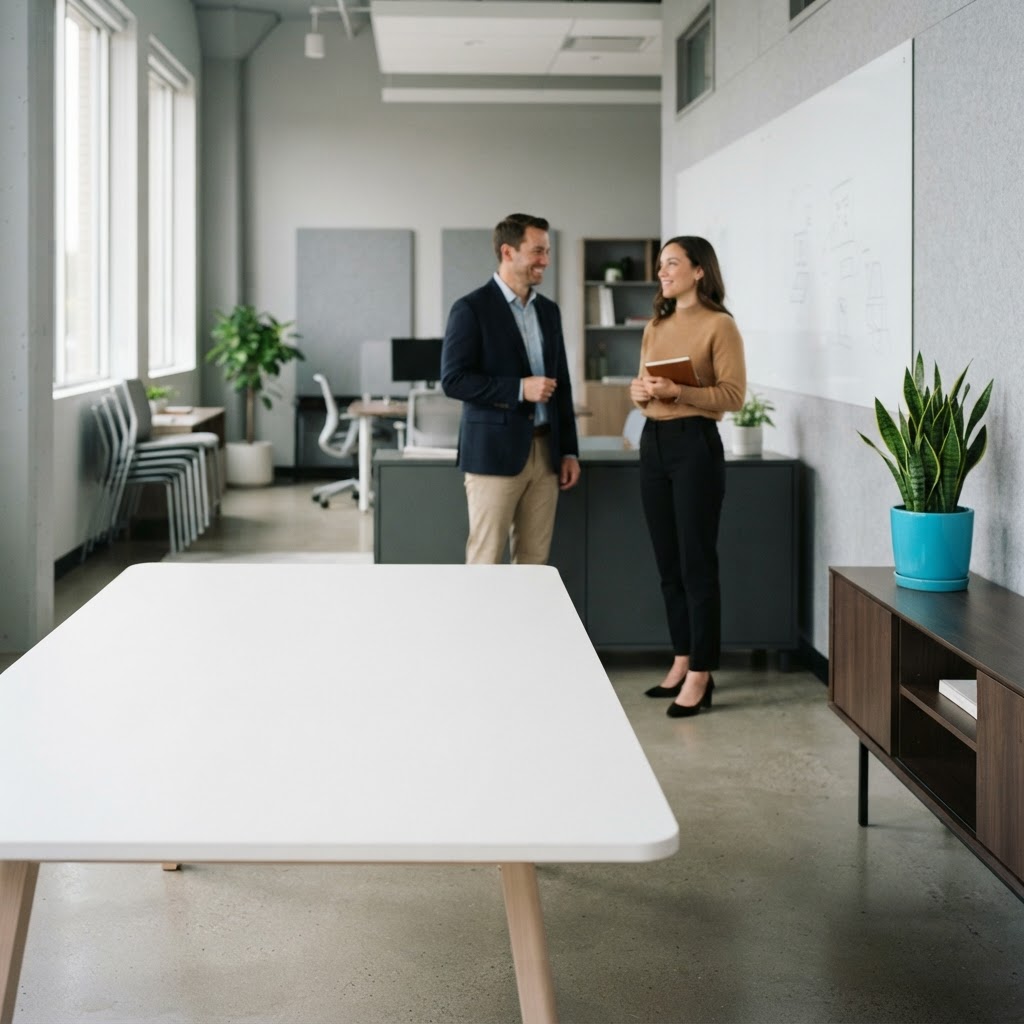 Professionals conversing in a minimalist office space