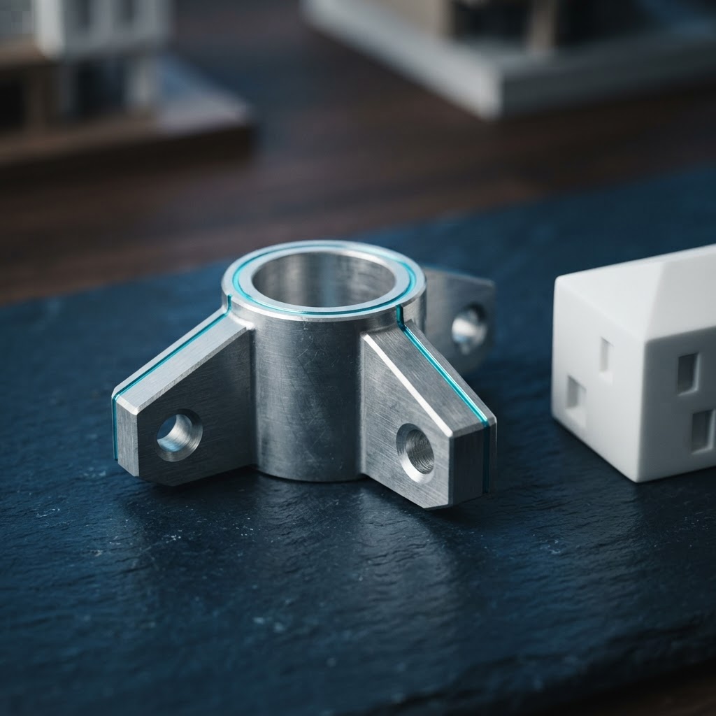 Geometric aluminum structural connector on a blue desk