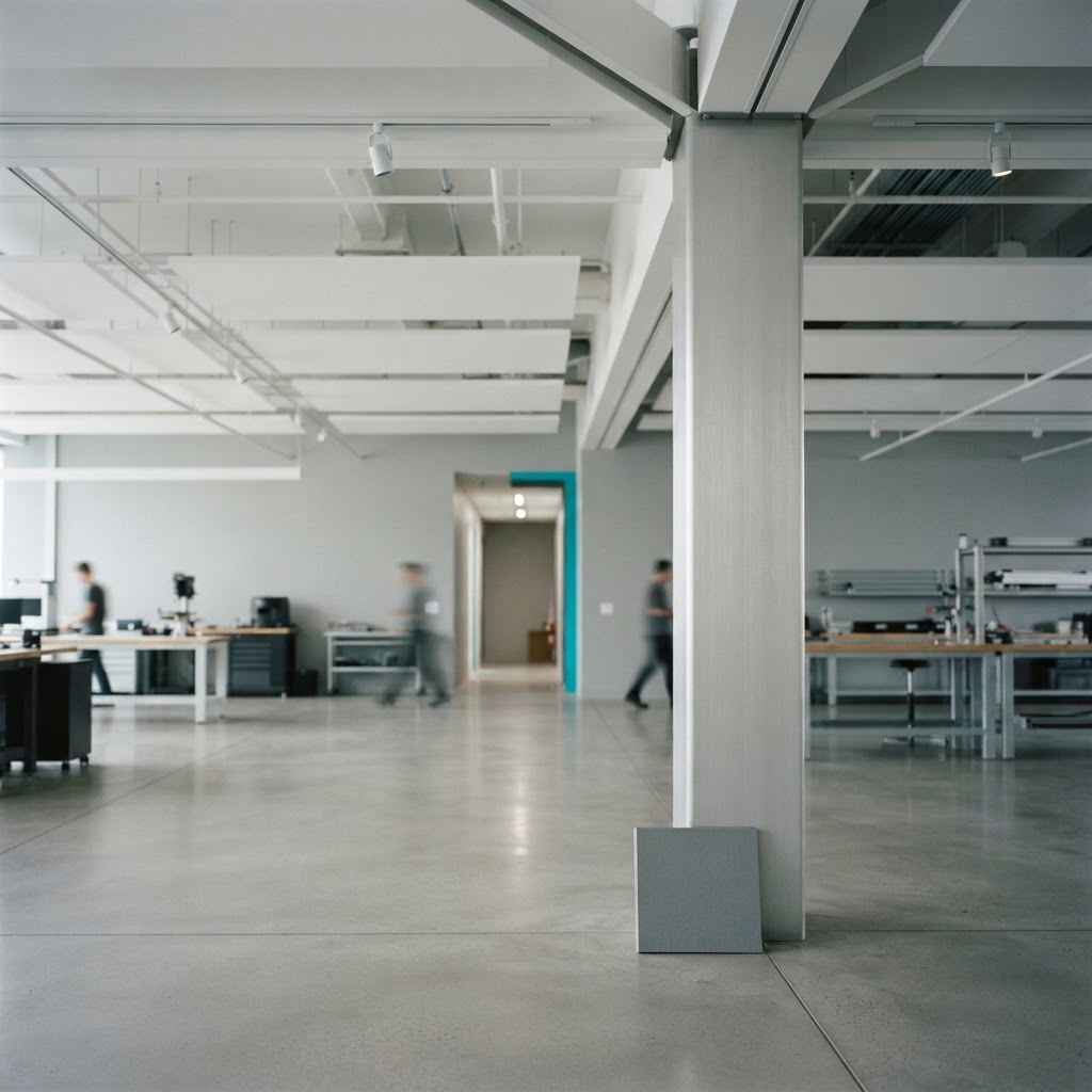 Minimalist engineering studio pillar with a gray folder