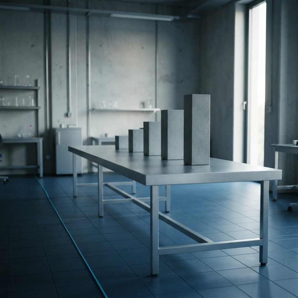 Minimalist research workstation with ascending gray prisms