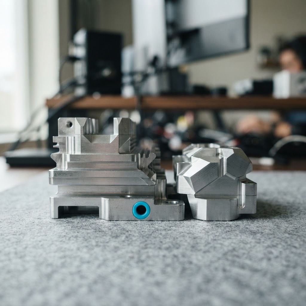 Two geometric aluminum components side by side