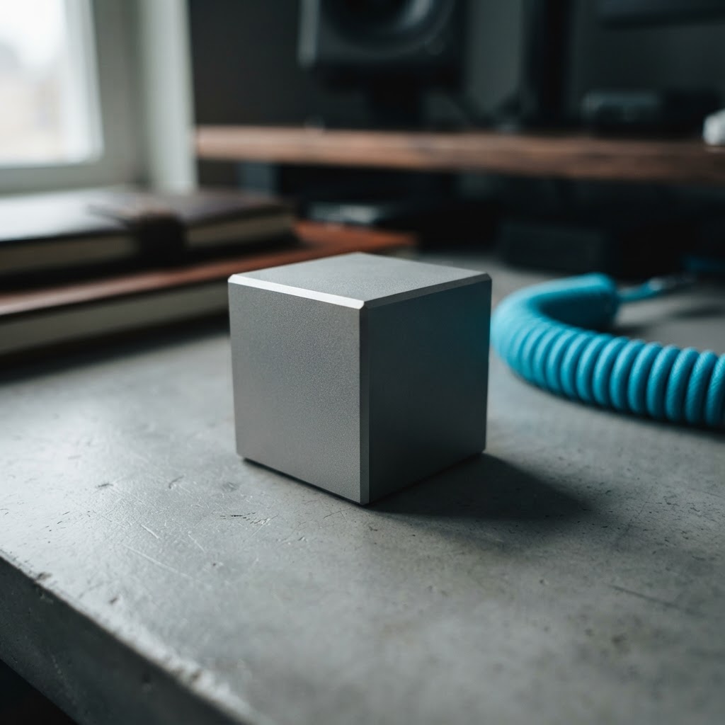 Matte gray geometric paperweight with cyan cable coil