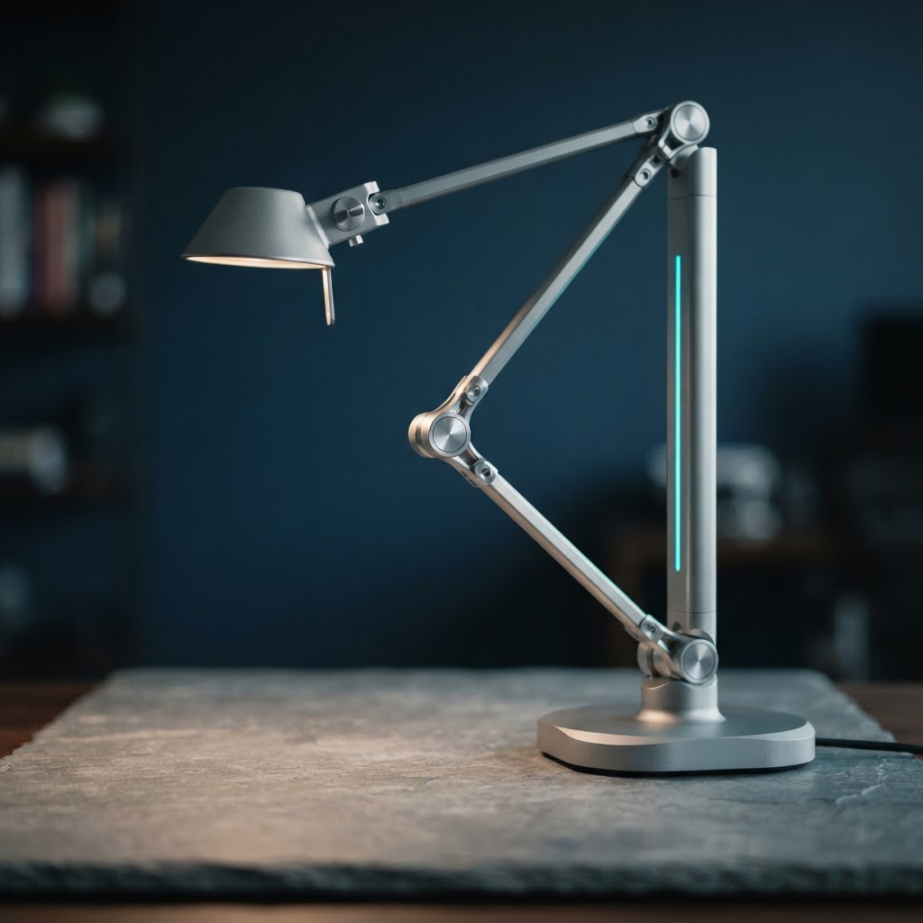 Minimalist brushed aluminum desk lamp with electric cyan accent