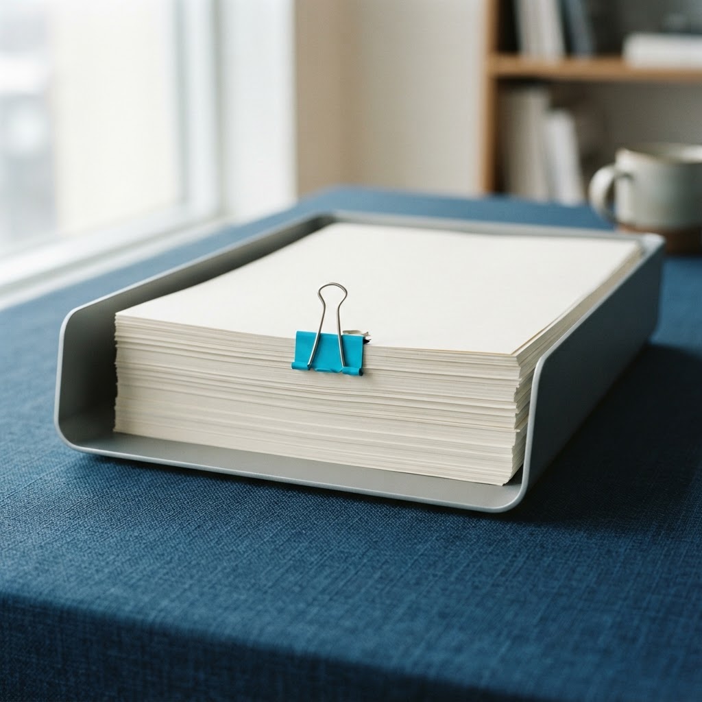 Professional document tray with electric cyan binder clip