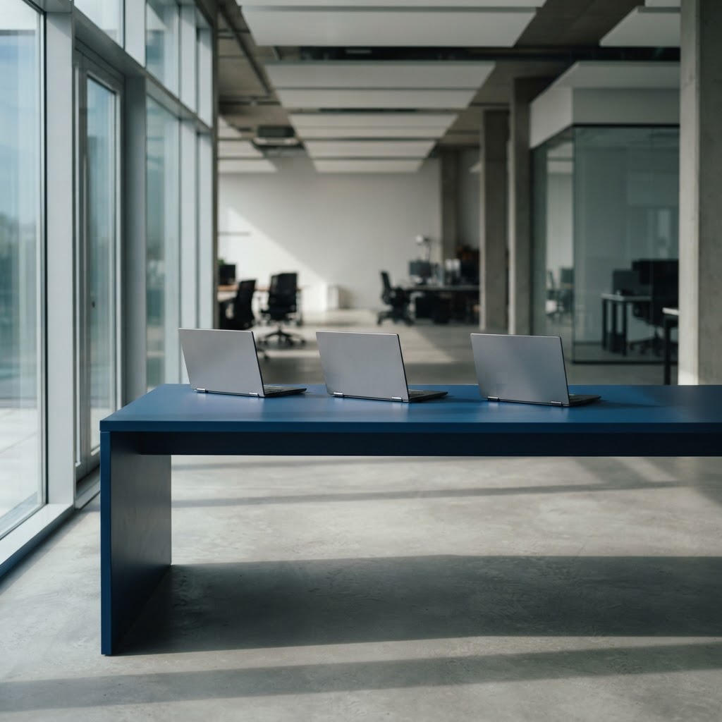 Three closed professional laptop cases on a blue desk