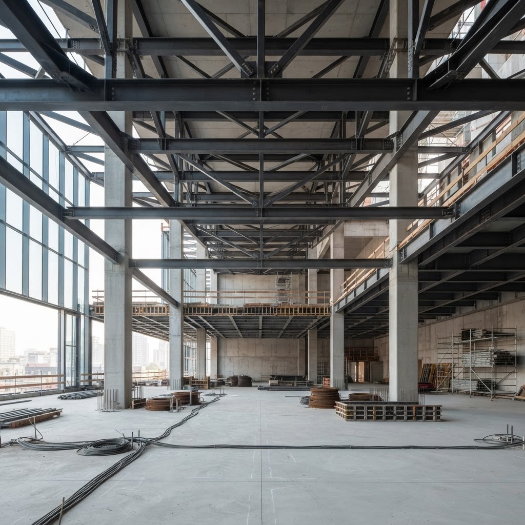 Modern construction site interior showing structural steel girders