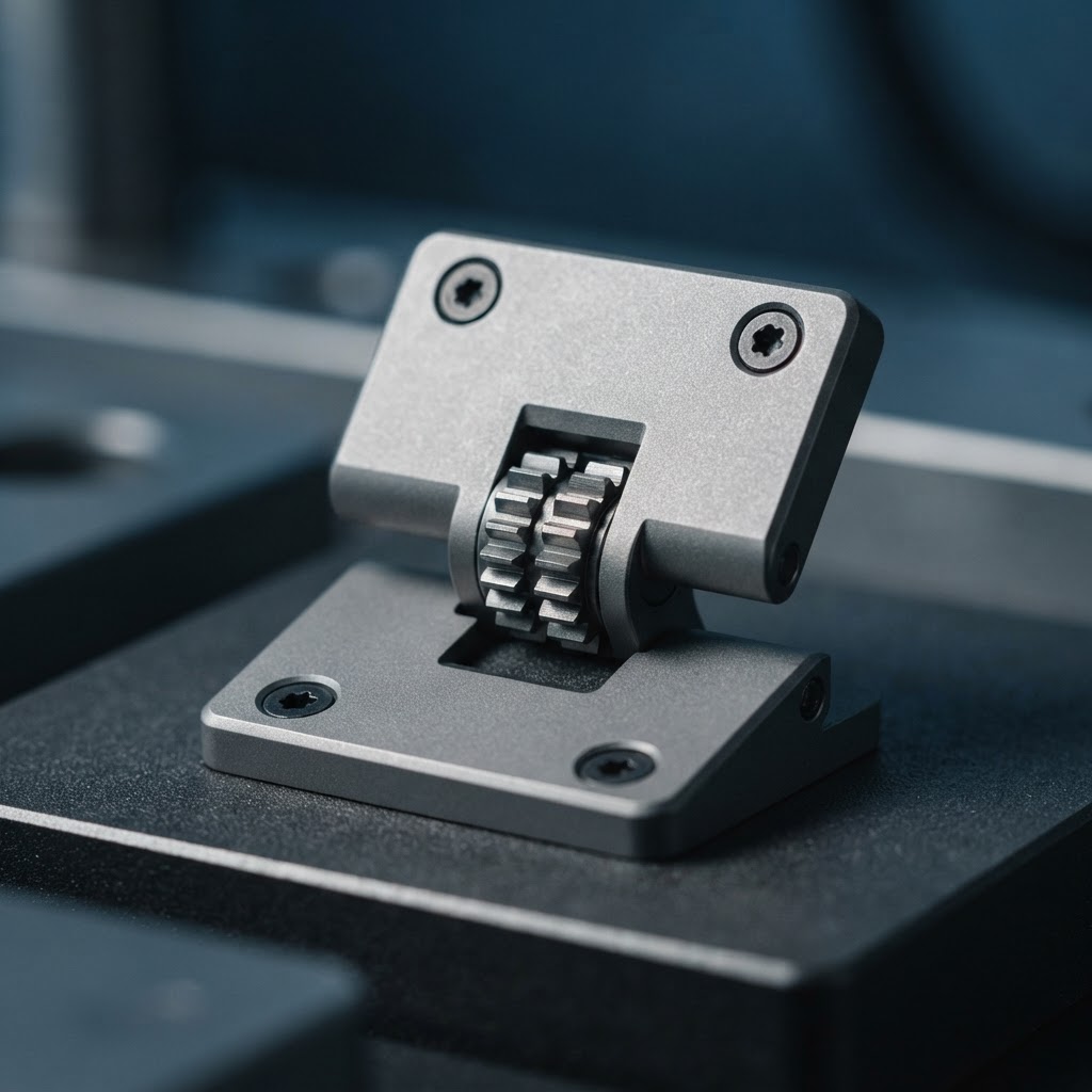 Macro view of an interlocking industrial metal hinge