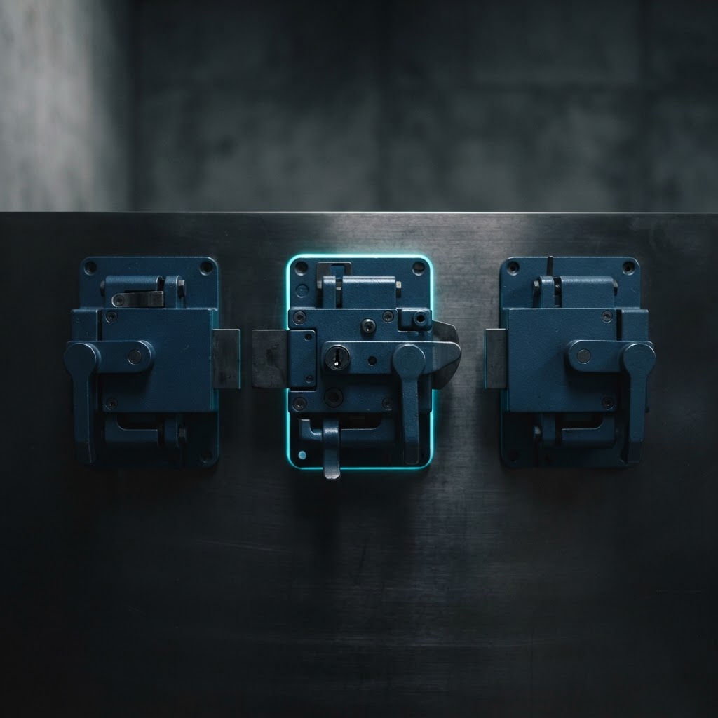 Three heavy blue metal locks on a brushed steel surface