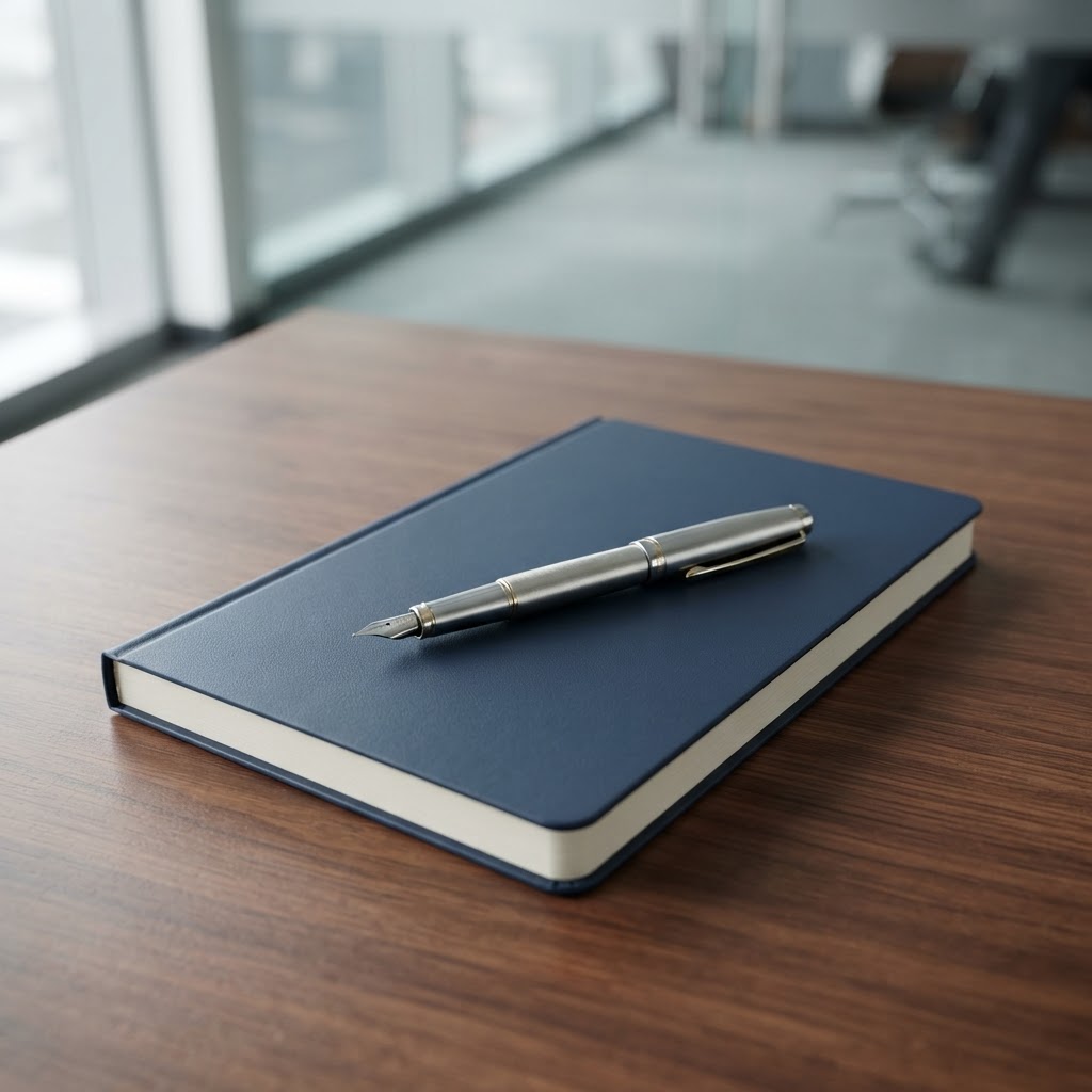 A pen and notebook on a clean desk