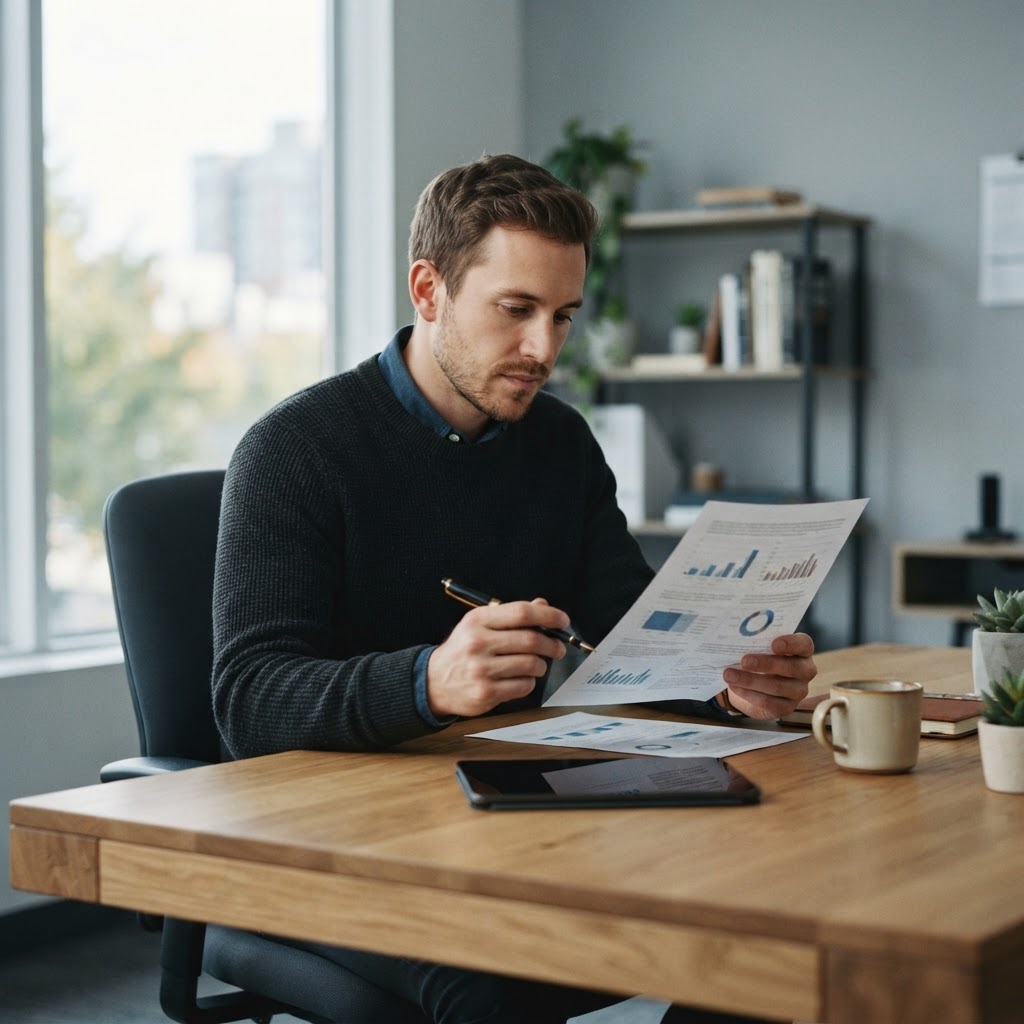 A founder reviews printed funding documents in a quiet office