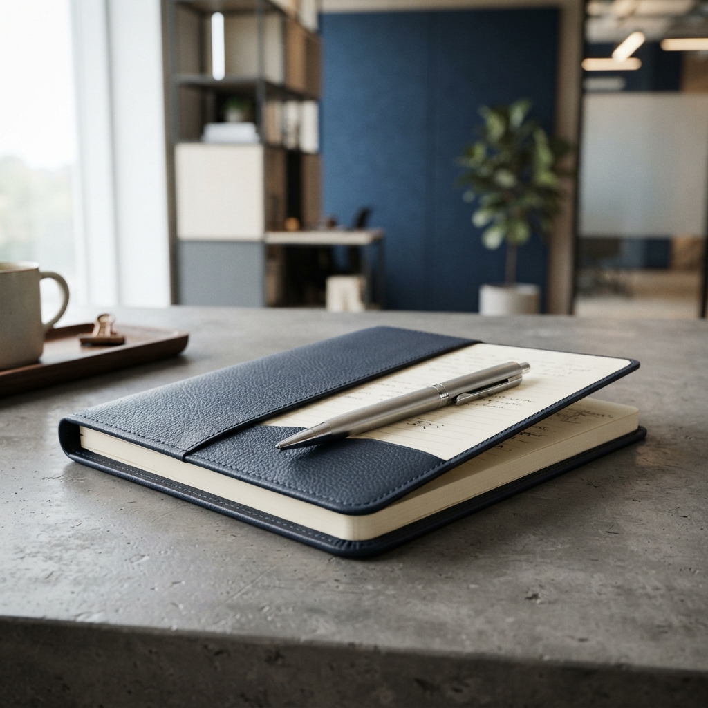 A high quality notebook and pen on a modern desk