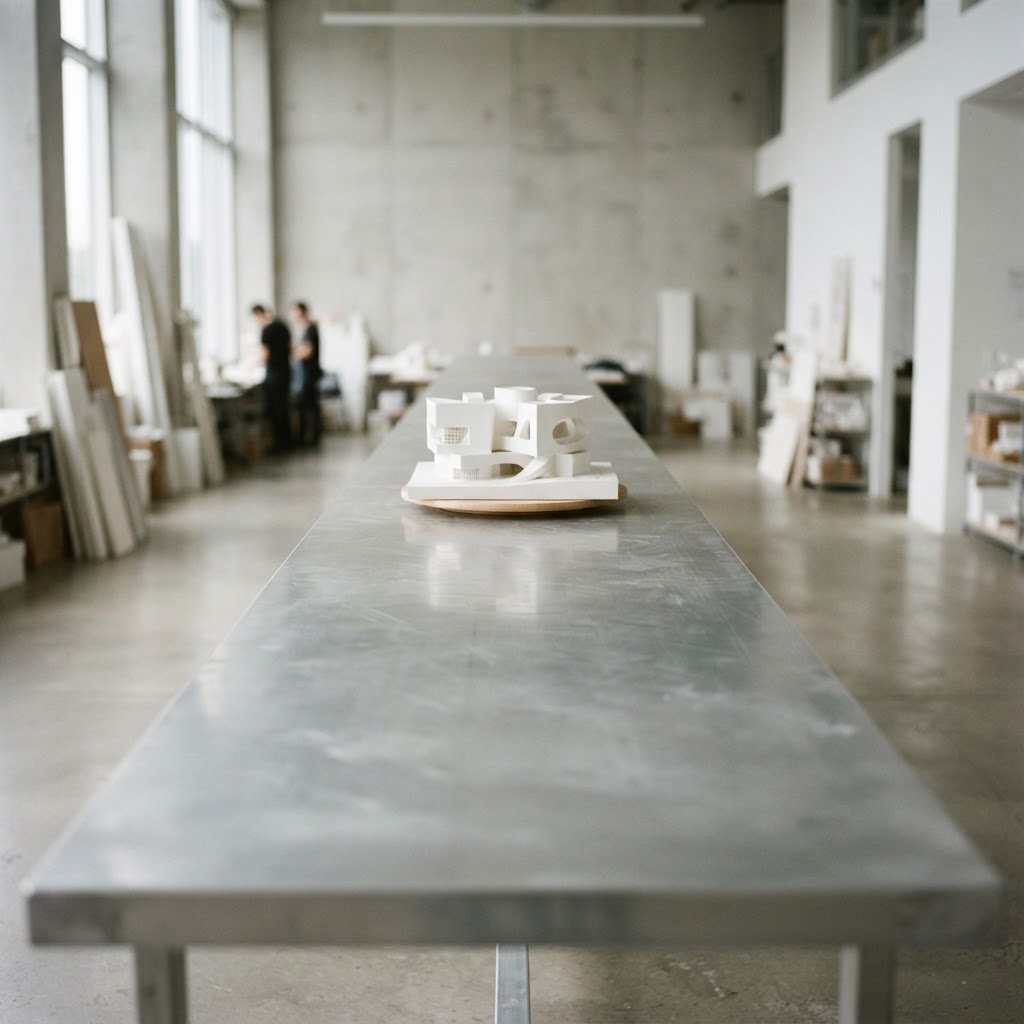 A crisp white architectural model on a long metal table
