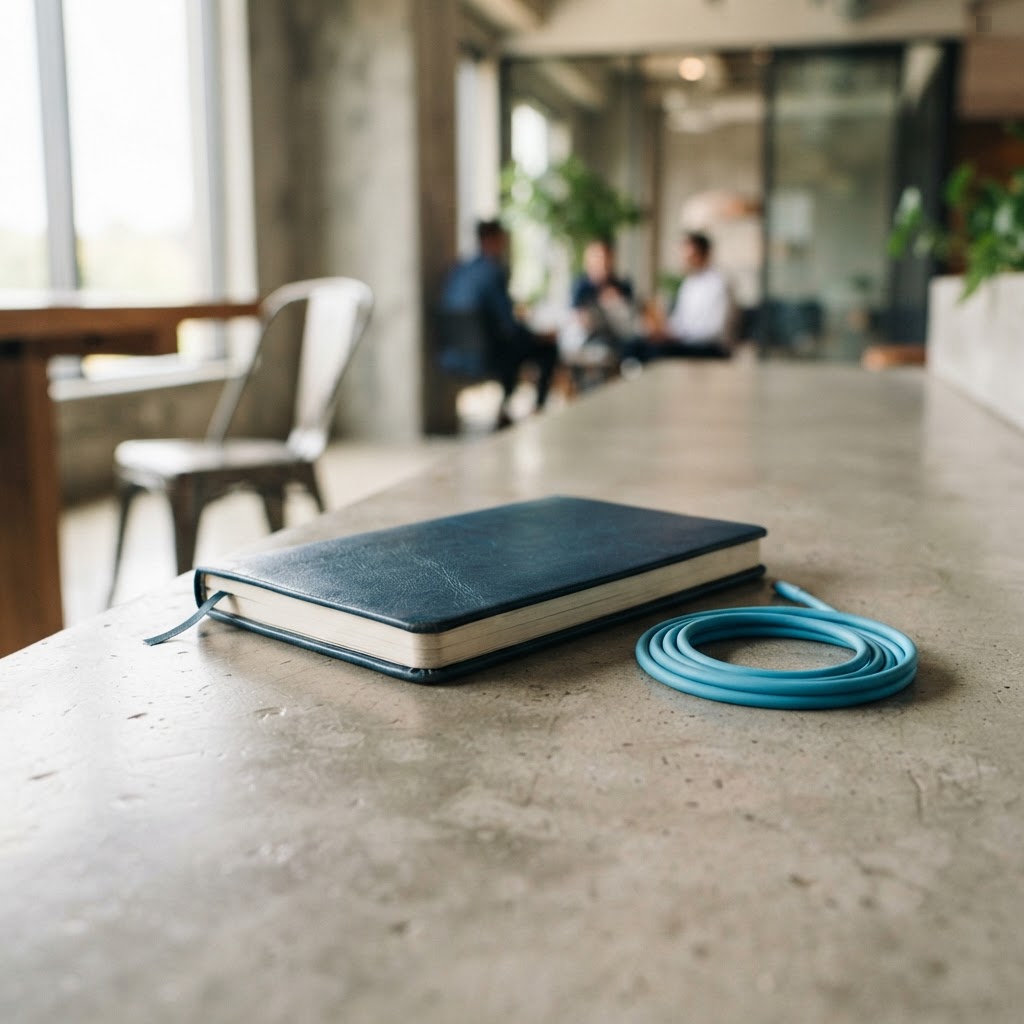 A deep blue notebook and a cyan cable on a desk
