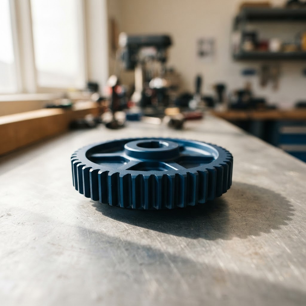 A matte deep blue metal gear on brushed aluminum