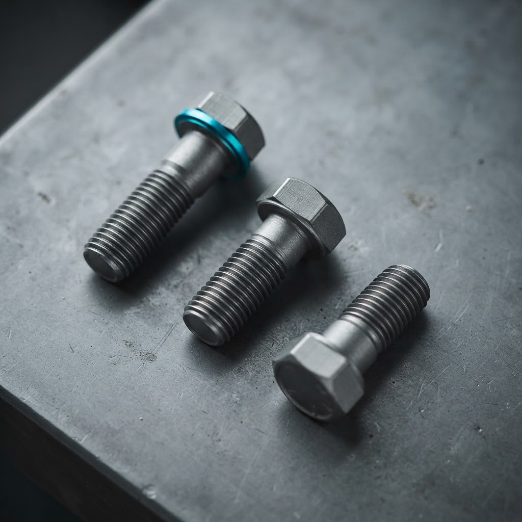 Three industrial steel fasteners on a cool gray surface