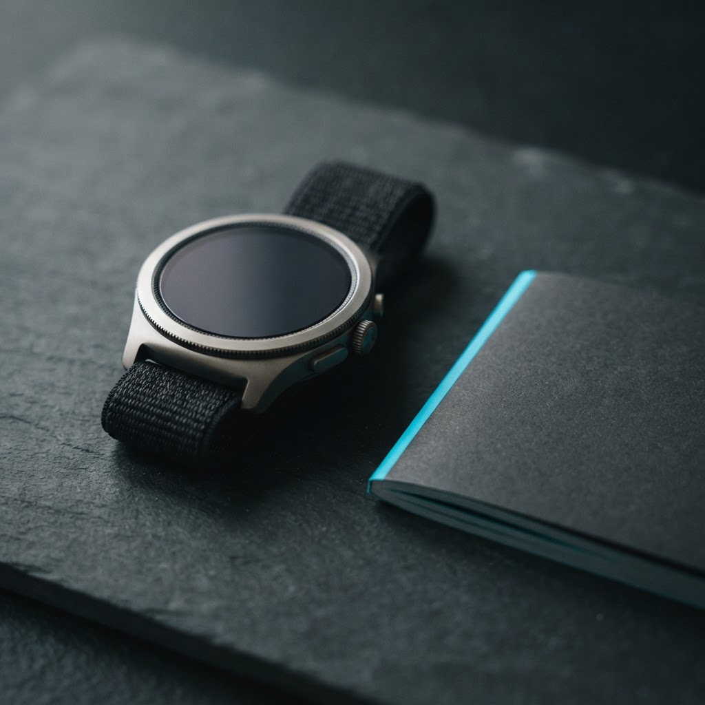 A premium smartwatch and technical document on a desk