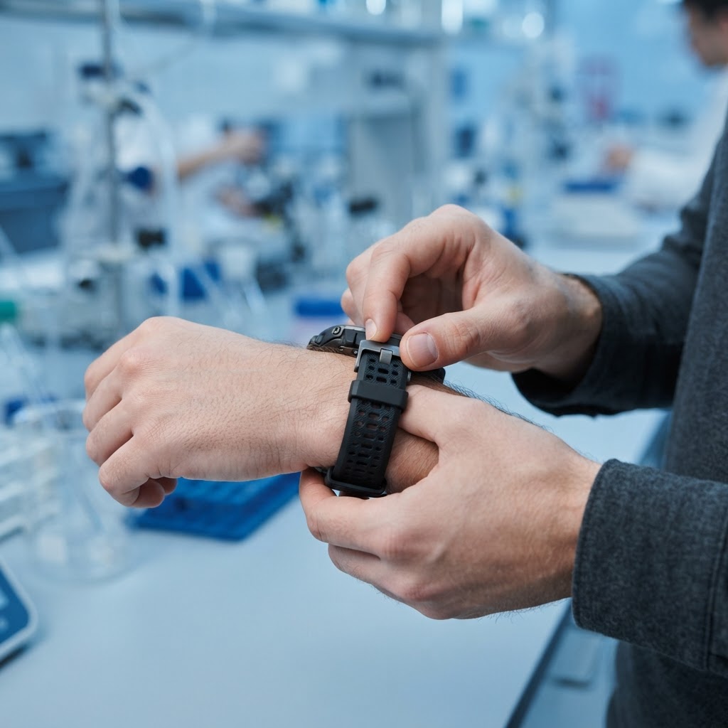 Close up of hands adjusting a professional wearable device