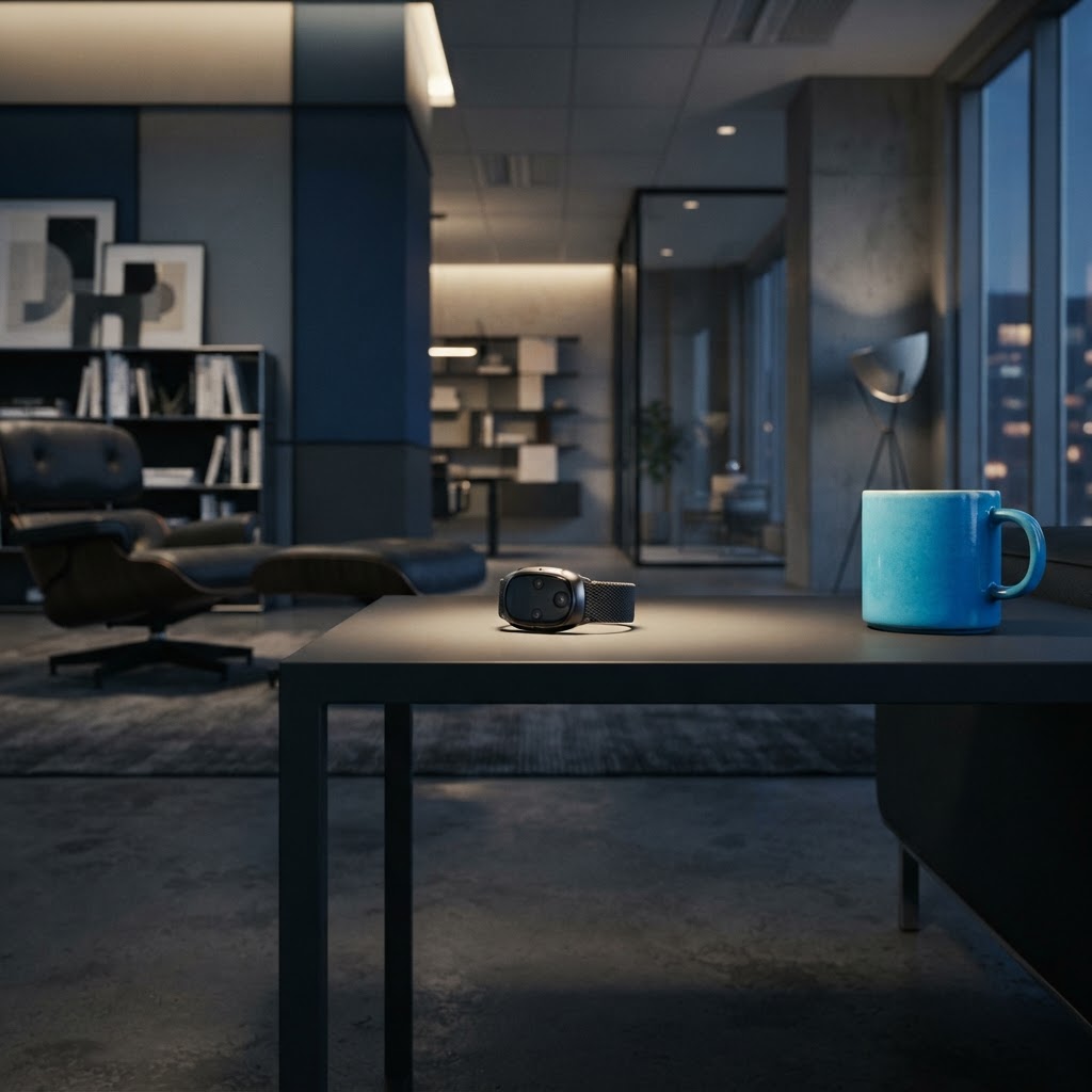 Minimalist office interior with a wearable device on a table