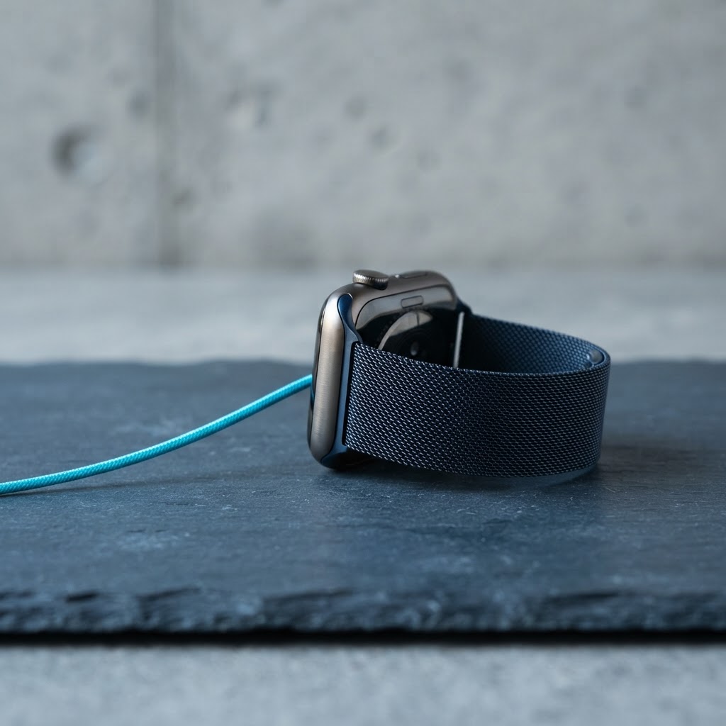 Premium wearable tech device resting on slate surface