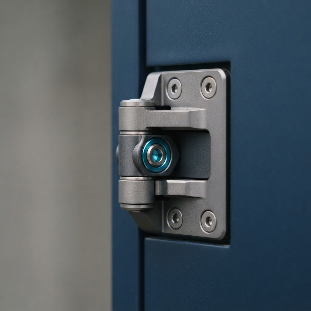 Close up of a precision metal hinge on a blue panel