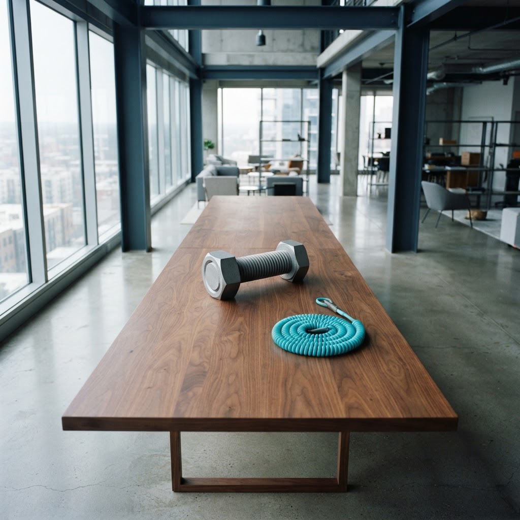 Empty modern conference table with a single mechanical fastener