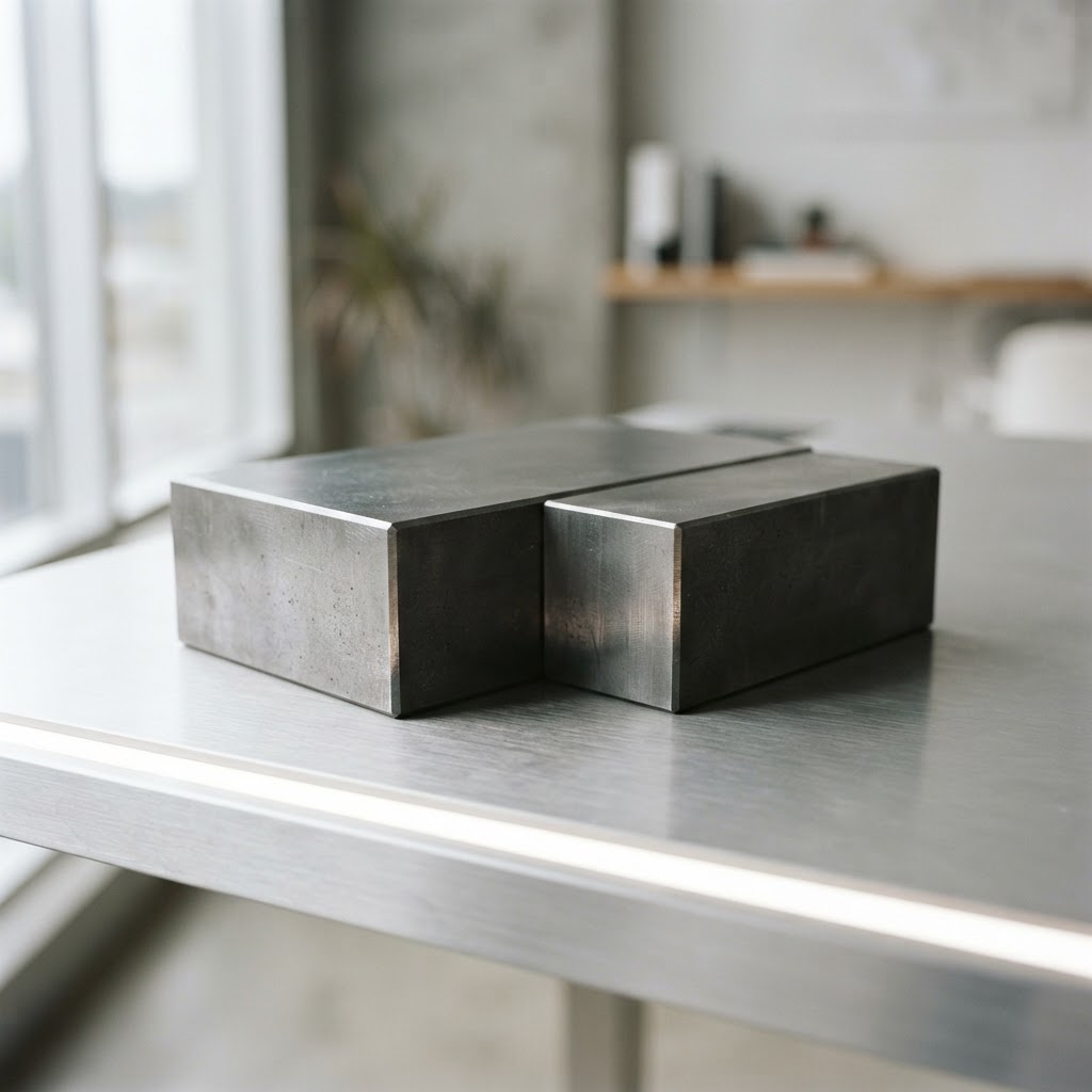 Two precision metal blocks arranged on a brushed aluminum surface