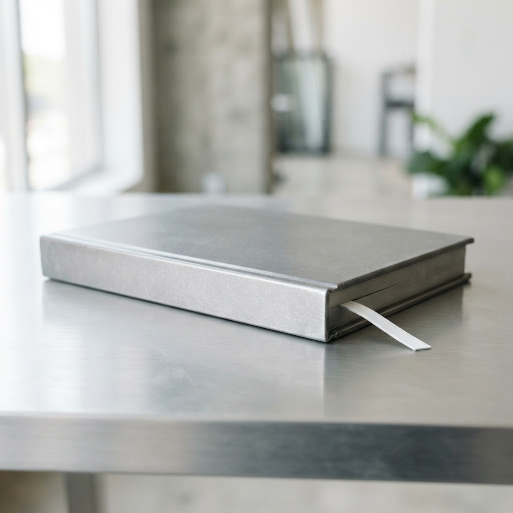 A closed matte gray metal ledger on a brushed aluminum surface