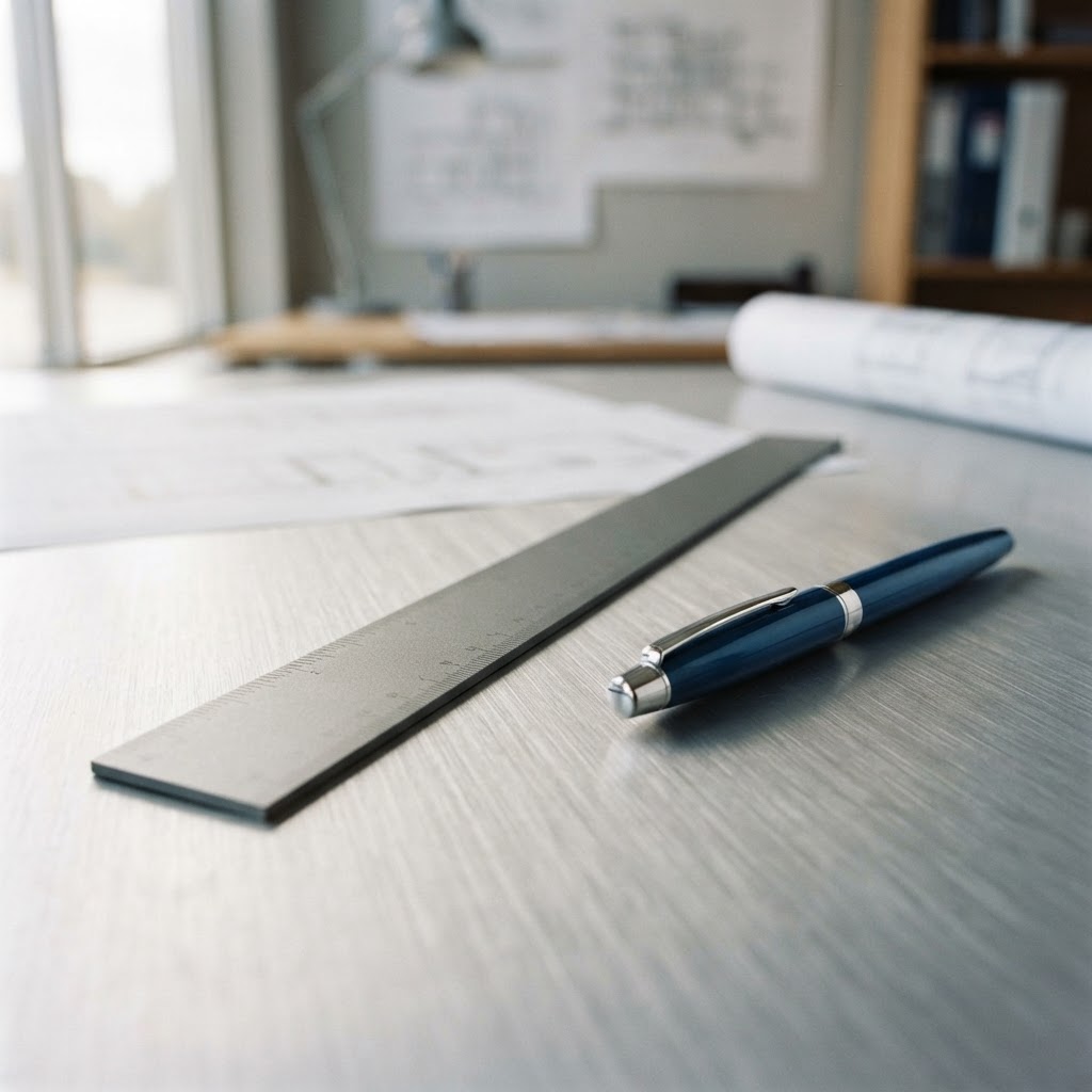 Metal ruler and a deep blue fountain pen on a desk