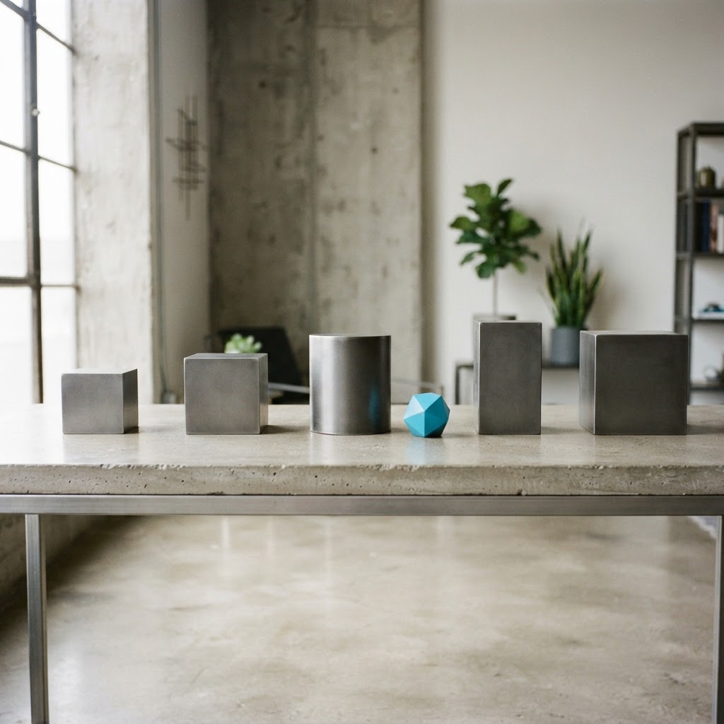 Minimalist metal geometric pedestals arranged on a concrete table