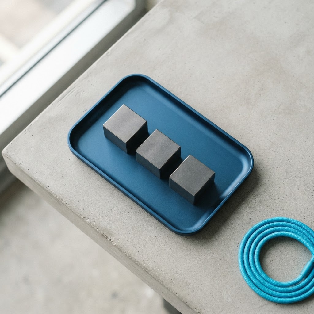 Three metal cubes in a tray with a cyan accent cord