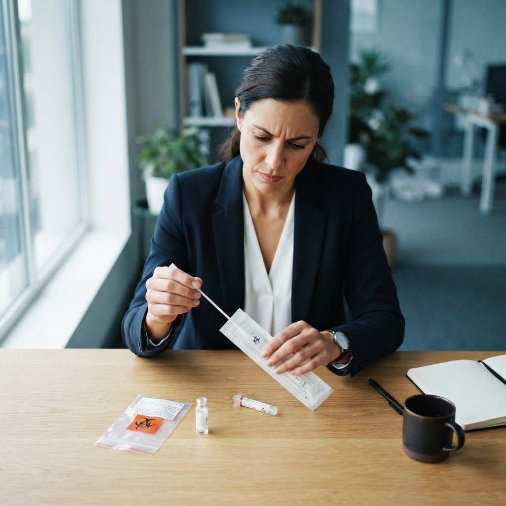 Person holding a biological testing kit at a modern desk